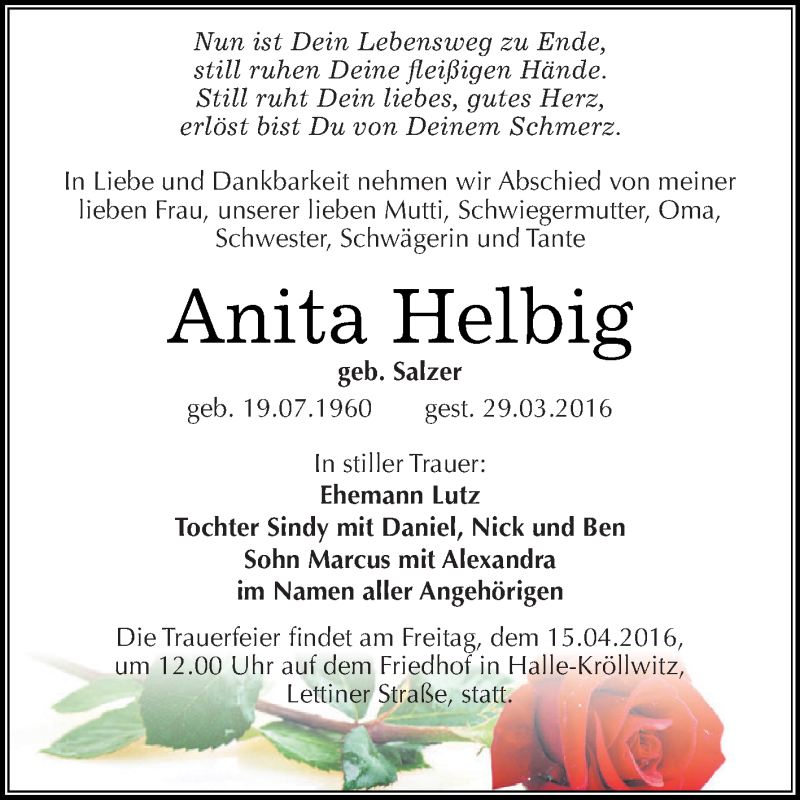  Traueranzeige für Anita Helbig vom 06.04.2016 aus Wochenspiegel Mansfelder Land