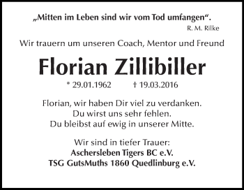 Traueranzeige von Florian Zillibiller von Super Sonntag Quedlinburg