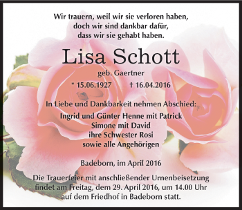 Traueranzeige von Lisa Schott von Mitteldeutsche Zeitung Quedlinburg