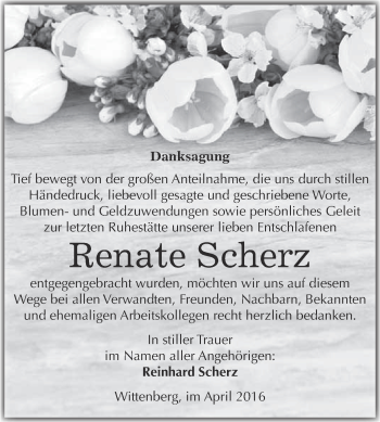 Traueranzeige von Renate Scherz von WVG - Wochenspiegel Wittenberg