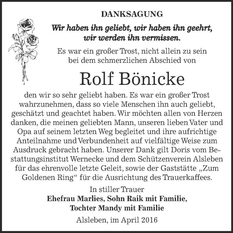  Traueranzeige für Rolf Bönicke vom 23.04.2016 aus Super Sonntag Bernburg
