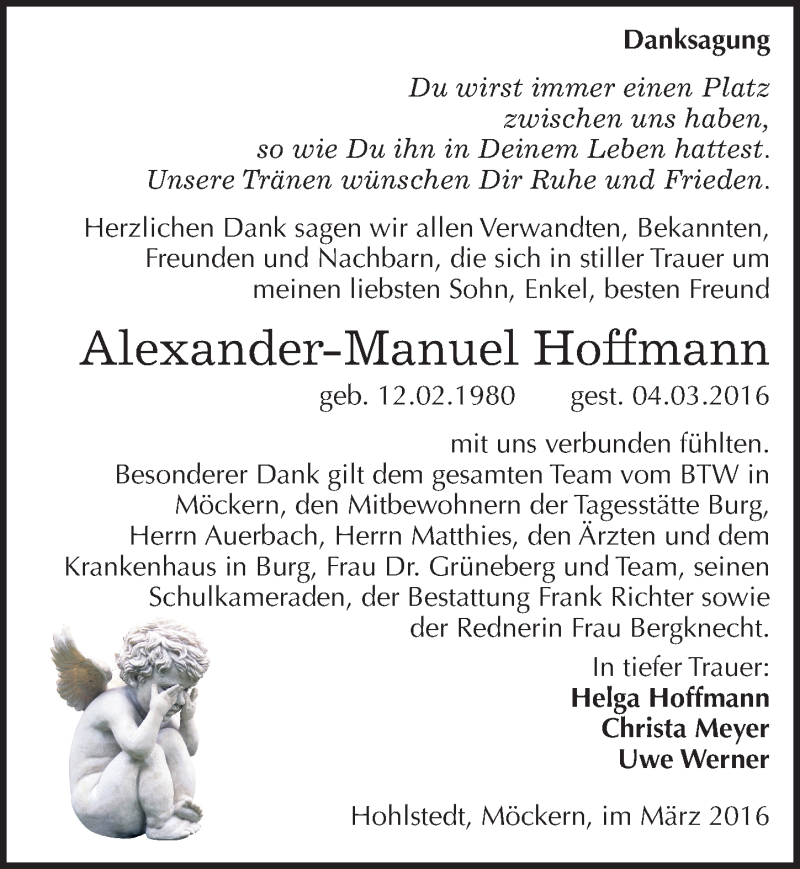  Traueranzeige für Alexander-Manuel Hoffmann vom 02.04.2016 aus Mitteldeutsche Zeitung Sangerhausen