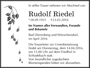 Traueranzeige von Rudolf Riedel von Mitteldeutsche Zeitung Merseburg/Querfurt