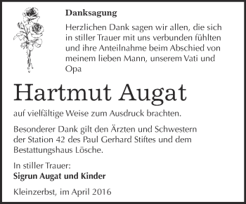 Traueranzeige von Hartmut Augat von WVG - Wochenspiegel Wittenberg