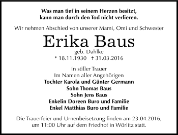 Traueranzeige von Erika Baus von Mitteldeutsche Zeitung Dessau-Roßlau