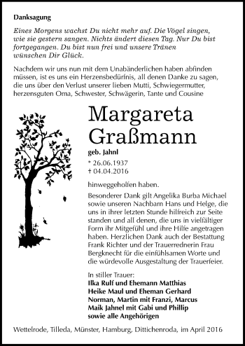 Traueranzeige von Margareta Graßmann von Mitteldeutsche Zeitung Sangerhausen