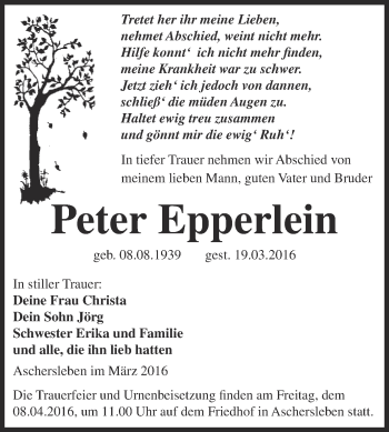Traueranzeige von Peter Epperlein von Super Sonntag Aschersleben