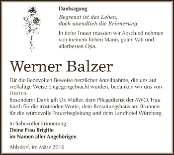 Traueranzeige von Werner Balzer von Wochenspiegel Mansfelder Land