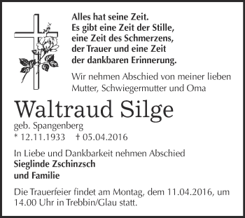 Traueranzeige von Waltraud Silge von Super Sonntag Bernburg