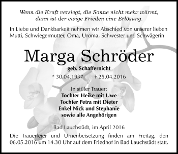 Traueranzeige von Marga Schröder von Mitteldeutsche Zeitung Merseburg/Querfurt