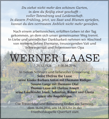 Traueranzeige von Werner Laase von Mitteldeutsche Zeitung Merseburg/Querfurt