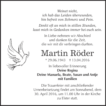 Traueranzeige von Martin Röder von WVG - Wochenspiegel Wittenberg