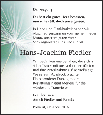 Traueranzeige von Hans-Joachim Fiedler von WVG - Wochenspiegel NMB / WSF / ZTZ