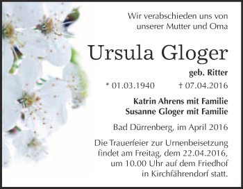 Traueranzeige von Ursula Gloger von Super Sonntag Merseburg
