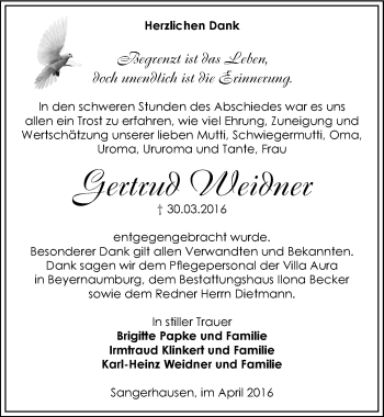Traueranzeige von Gertrud Weidner von Mitteldeutsche Zeitung Sangerhausen