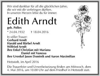 Traueranzeige von Edith Arndt von Mitteldeutsche Zeitung Mansfelder Land