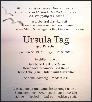Traueranzeige von Ursula Tag von WVG - Wochenspiegel Wittenberg