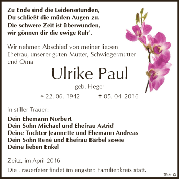 Traueranzeige von Ulrike Paul von Super Sonntag Zeitz