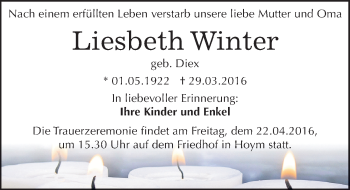 Traueranzeige von Liesbeth Winter von Mitteldeutsche Zeitung Aschersleben