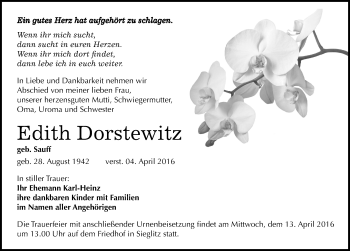 Traueranzeige von Edith Dorstewitz von Mitteldeutsche Zeitung Naumburg/Nebra
