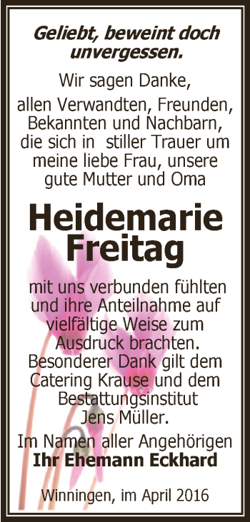 Traueranzeige von Heidemarie Freitag von Super Sonntag Aschersleben