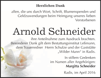 Traueranzeige von Arnold Schneider von WVG - Wochenspiegel Wittenberg