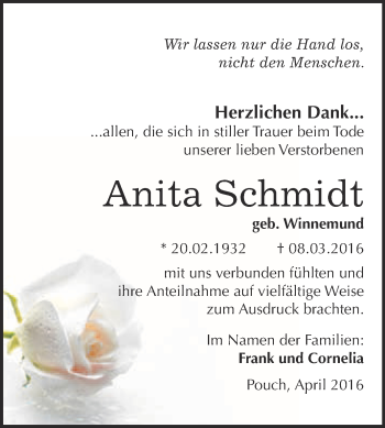 Traueranzeige von Anita Schmidt von WVG - Wochenspiegel Bitterfeld