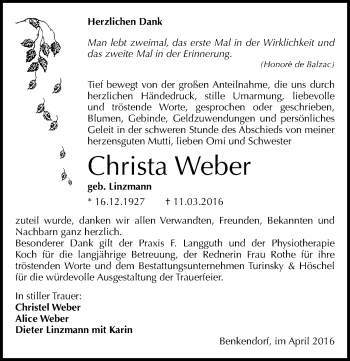 Traueranzeige von Christa Weber von Mitteldeutsche Zeitung Halle/Saalkreis