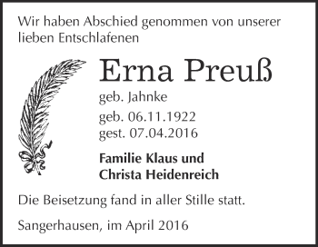 Traueranzeige von Erna Preuß von Super Sonntag SGH Mansf. Land