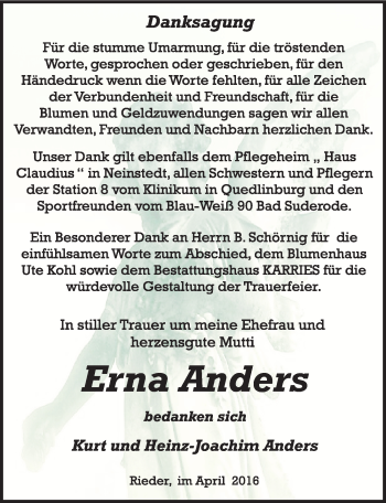 Traueranzeige von Erna Anders von Mitteldeutsche Zeitung Quedlinburg