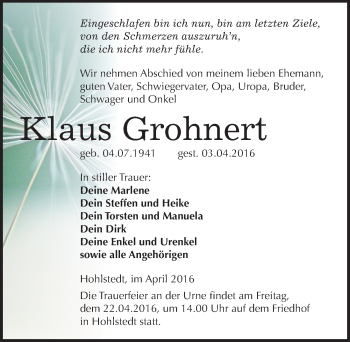 Traueranzeige von Klaus Grohnert von Mitteldeutsche Zeitung Sangerhausen