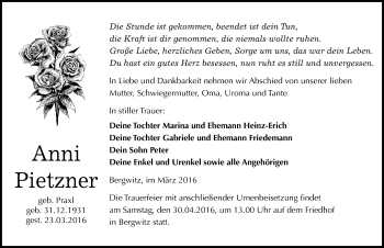 Traueranzeige von Anni Pietzner von Mitteldeutsche Zeitung Wittenberg