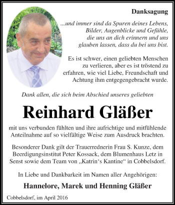 Traueranzeige von Reinhard Gläßer von WVG - Wochenspiegel Dessau / Köthen