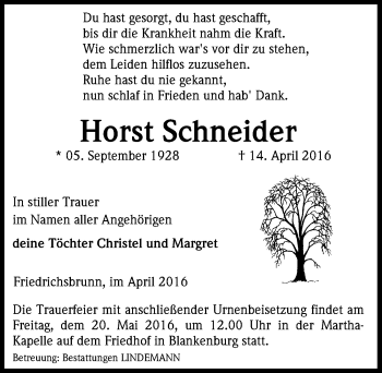 Traueranzeige von Horst Schneider von Mitteldeutsche Zeitung Quedlinburg