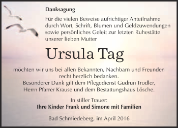 Traueranzeige von Ursula Tag von WVG - Wochenspiegel Wittenberg