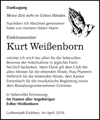 Traueranzeige von Kurt Weißenborn von Mitteldeutsche Zeitung Mansfelder Land