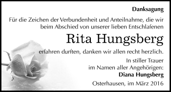 Traueranzeige von Rita Hungsberg von Mitteldeutsche Zeitung Mansfelder Land