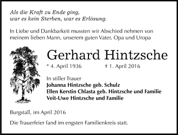 Traueranzeige von Gerhard Hintzsche von Mitteldeutsche Zeitung Dessau-Roßlau