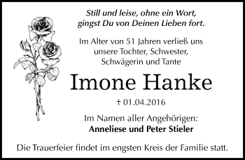 Traueranzeige von Imone Hanke von Mitteldeutsche Zeitung Dessau-Roßlau