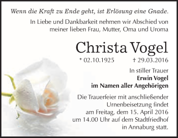 Traueranzeige von Christa Vogel von WVG - Wochenspiegel Wittenberg