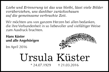 Traueranzeige von Ursula Küster von WVG - Wochenspiegel Bitterfeld