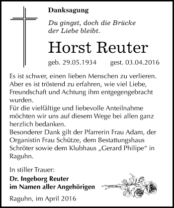 Traueranzeige von Horst Reuter von Mitteldeutsche Zeitung Bitterfeld