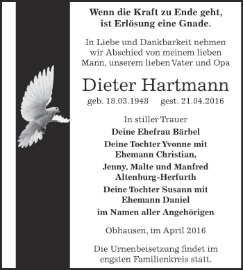 Traueranzeige von Dieter Hartmann von WVG - Wochenspiegel NMB / WSF / ZTZ