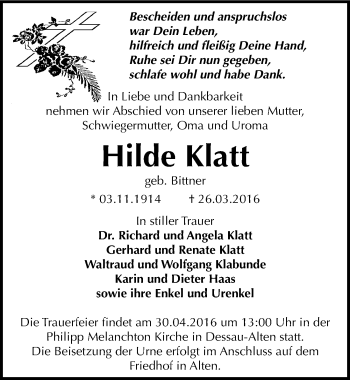 Traueranzeige von Hilde Klatt von Mitteldeutsche Zeitung Dessau-Roßlau