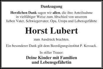 Traueranzeige von Horst Lubert von WVG - Wochenspiegel Dessau / Köthen