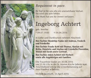 Traueranzeige von Ingeborg Achtert von Mitteldeutsche Zeitung Bitterfeld