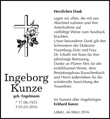Traueranzeige von Ingeborg Kunze von Mitteldeutsche Zeitung Naumburg/Nebra