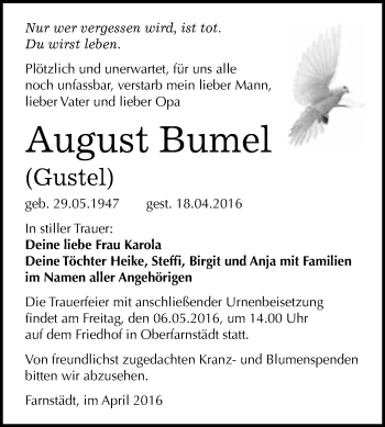 Traueranzeige von August Bumel von WVG - Wochenspiegel Merseburg
