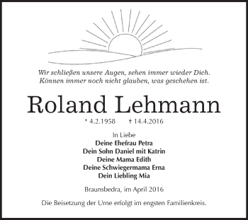Traueranzeige von Roland Lehmann von WVG - Wochenspiegel Merseburg