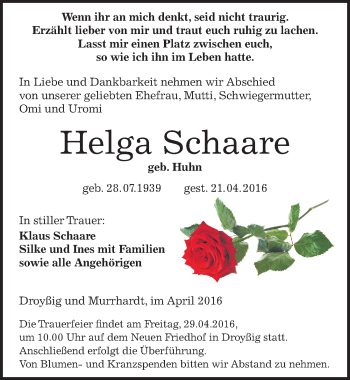 Traueranzeige von Helga Schaare von Mitteldeutsche Zeitung Zeitz